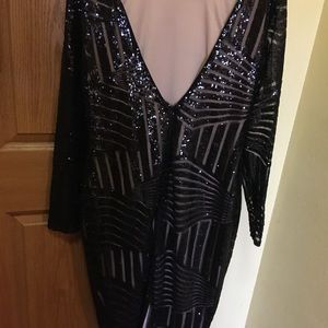 Boutique Sequin and Mesh Midi Dress- BLACK